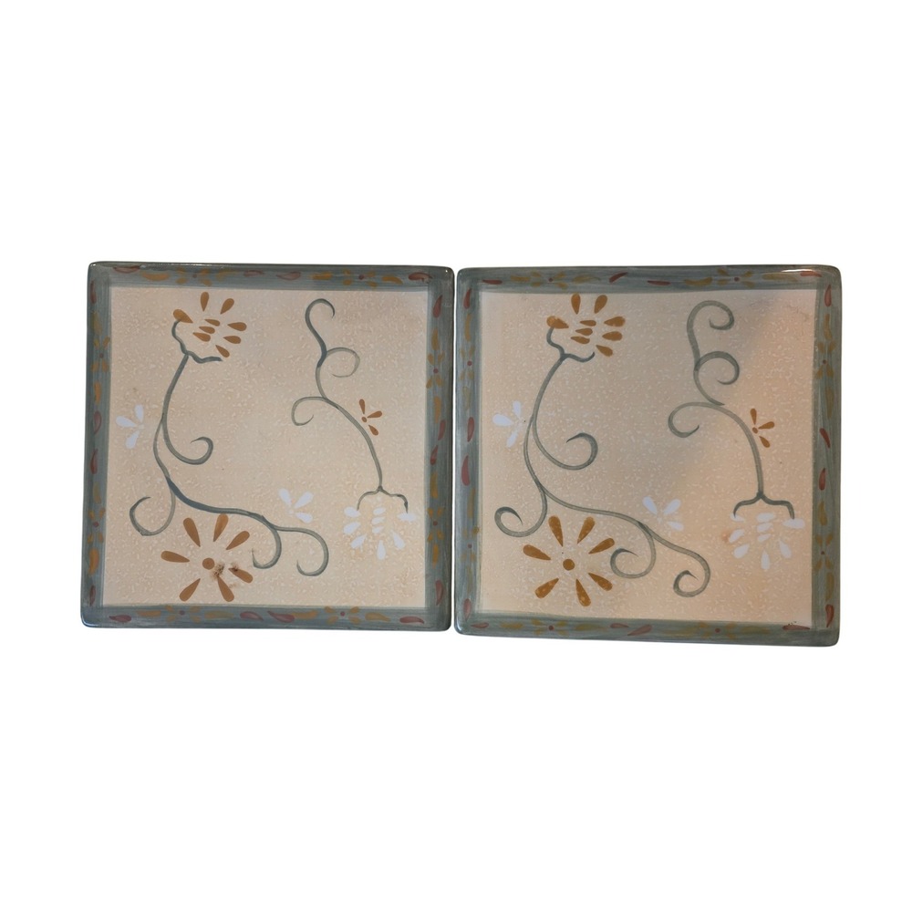Brushes Handpainted K.I.C. Square Ceramic Plates Set of 2 Floral Vine Beige